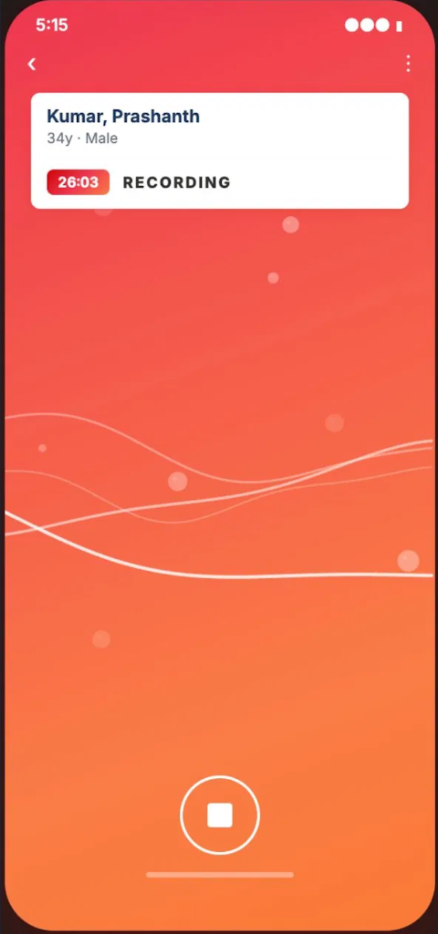 Scribe app on the live recording screen during a consultation.